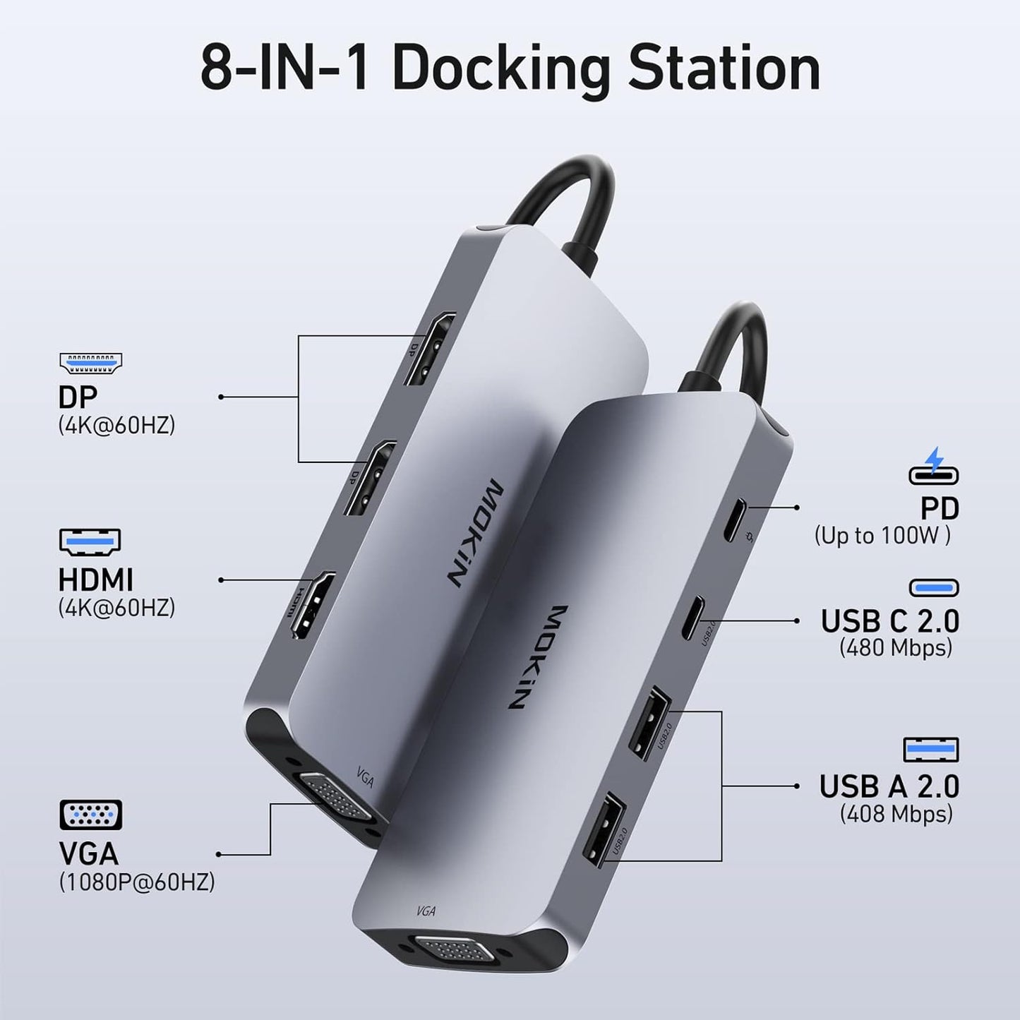 USB C Docking Station Dual DisplayPort, 8 in 1 USB Hub with 2 DP, HDMI, VGA, USB C 2.0, A 2.0, PD Charging Port, Multi Monitor Adapter for Dell/HP/Lenovo Laptops