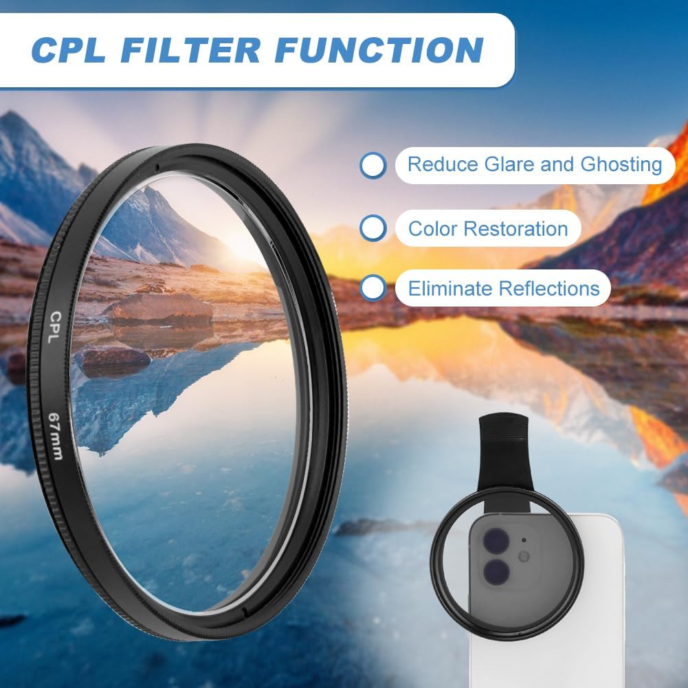 67MM Clip-on CPL Lens Filter for All Smartphones, Universal Phone Camera Clip Polarizing Lens, Portable Clip On Phone Filter Kit with Lens Cover and Storage Bag(Color:Black)