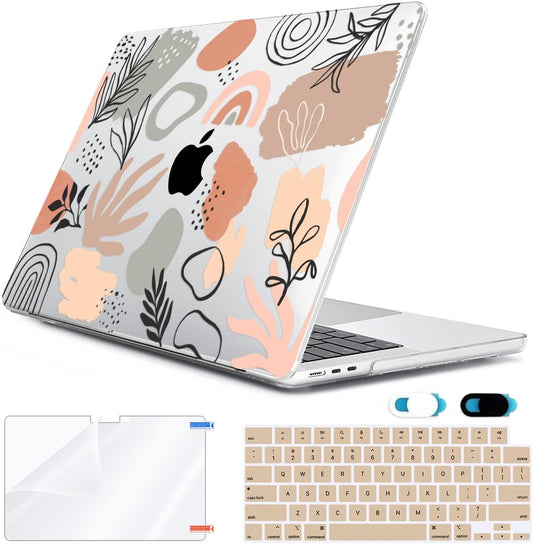 Compatible with 2025 2024 2023 2022 MacBook Air 13.6 inch Case M4 A3240 M3 A3113 M2 A2681 with Touch ID, Plastic Hard Shell Case&Keyboard Cover&Screen Protector&Webcam Cover, Abstract Leaf
