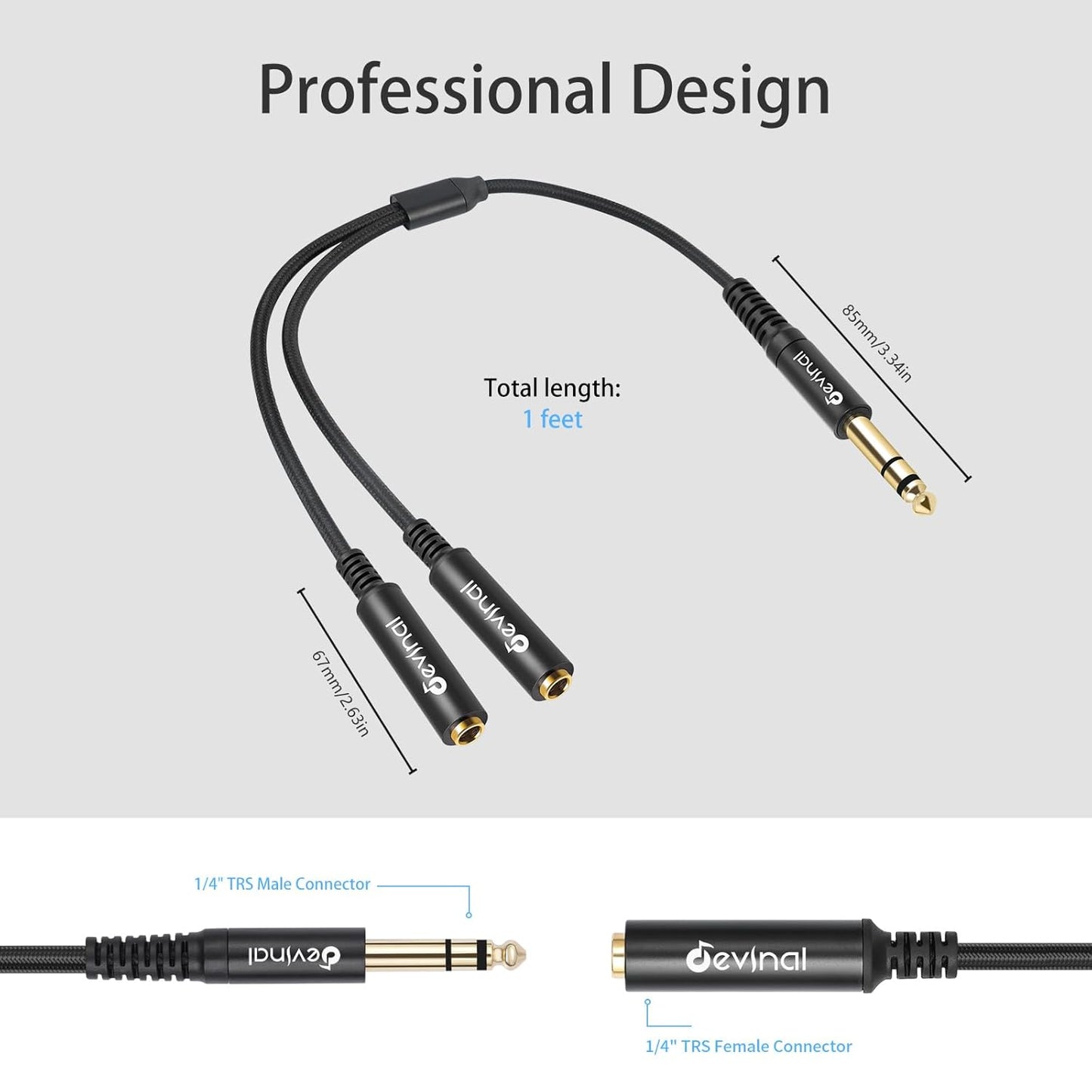 Devinal 1/4 inch TRS Splitter Cable, 6.35mm Stereo Y Cable, 1/4 Male Plug to Dual 1/4 Female Jack Cord, 12 inches / 30cm