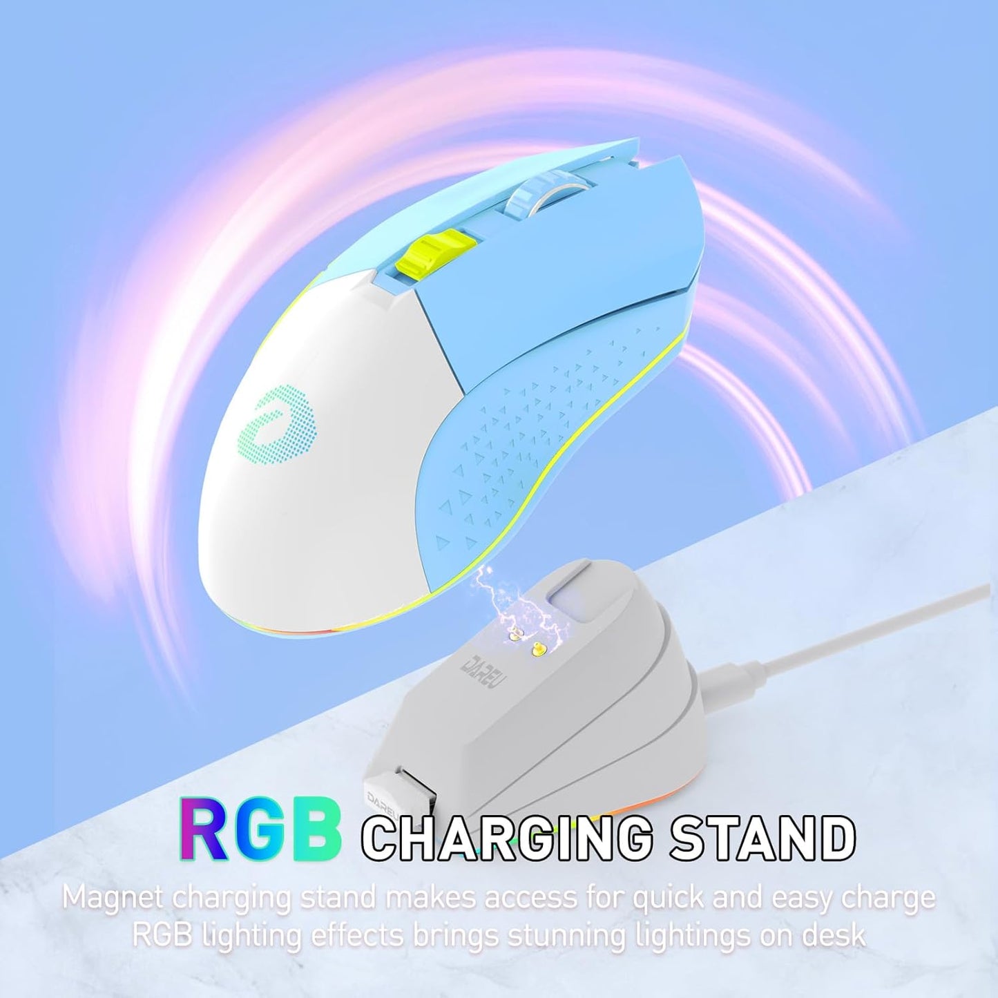 DAREU EM901X Wireless Gaming Mouse with Charging Dock Rechargeable RGB,12K DPI,7 Programmable Buttons High-Precision Sensor [300IPS] [1000Hz] for PC Notebook Mac