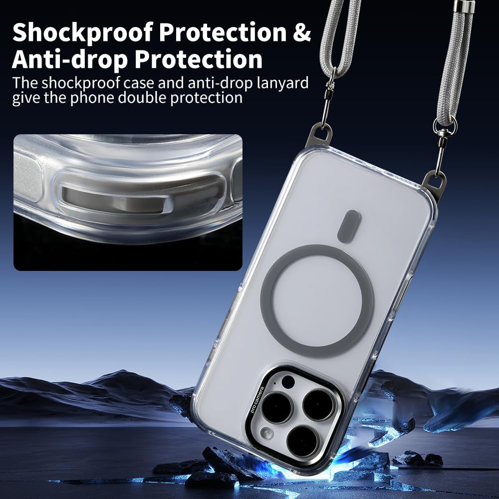 for iPhone 16 Pro Case with 62.99 inch Lanyard, Classic Clear&Gray Magnetic Phone Case, Drop&Shockproof Protection Cases, Phone Lanyard for Around The Neck, Compatible with Magnet Accessory