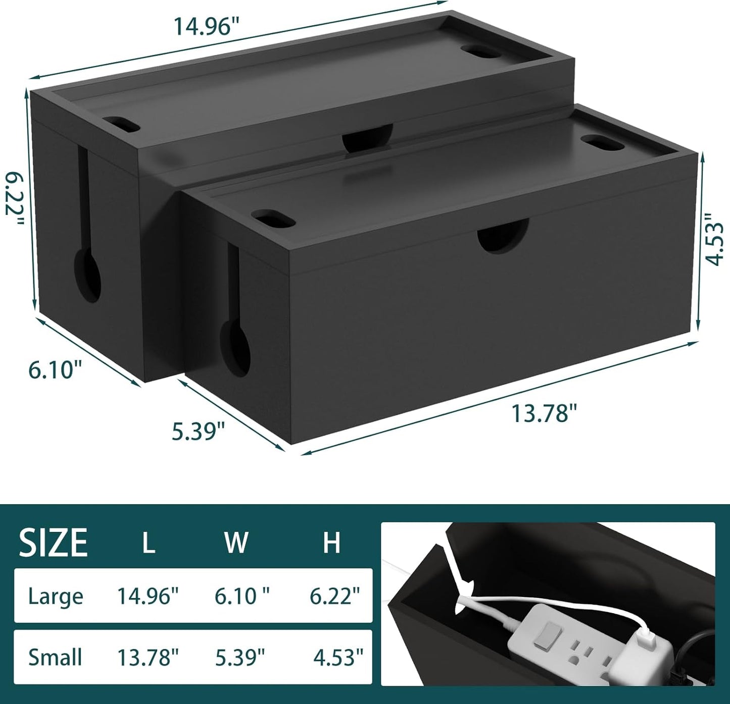 Bamboo Cable Management Box, Large Cord Organizer Box Cable Box to Hide Wires & Power Strips for Desktop Storage Cord Holder for Office Home,No Assembley Required (All Black, 2 Packs(M+L))