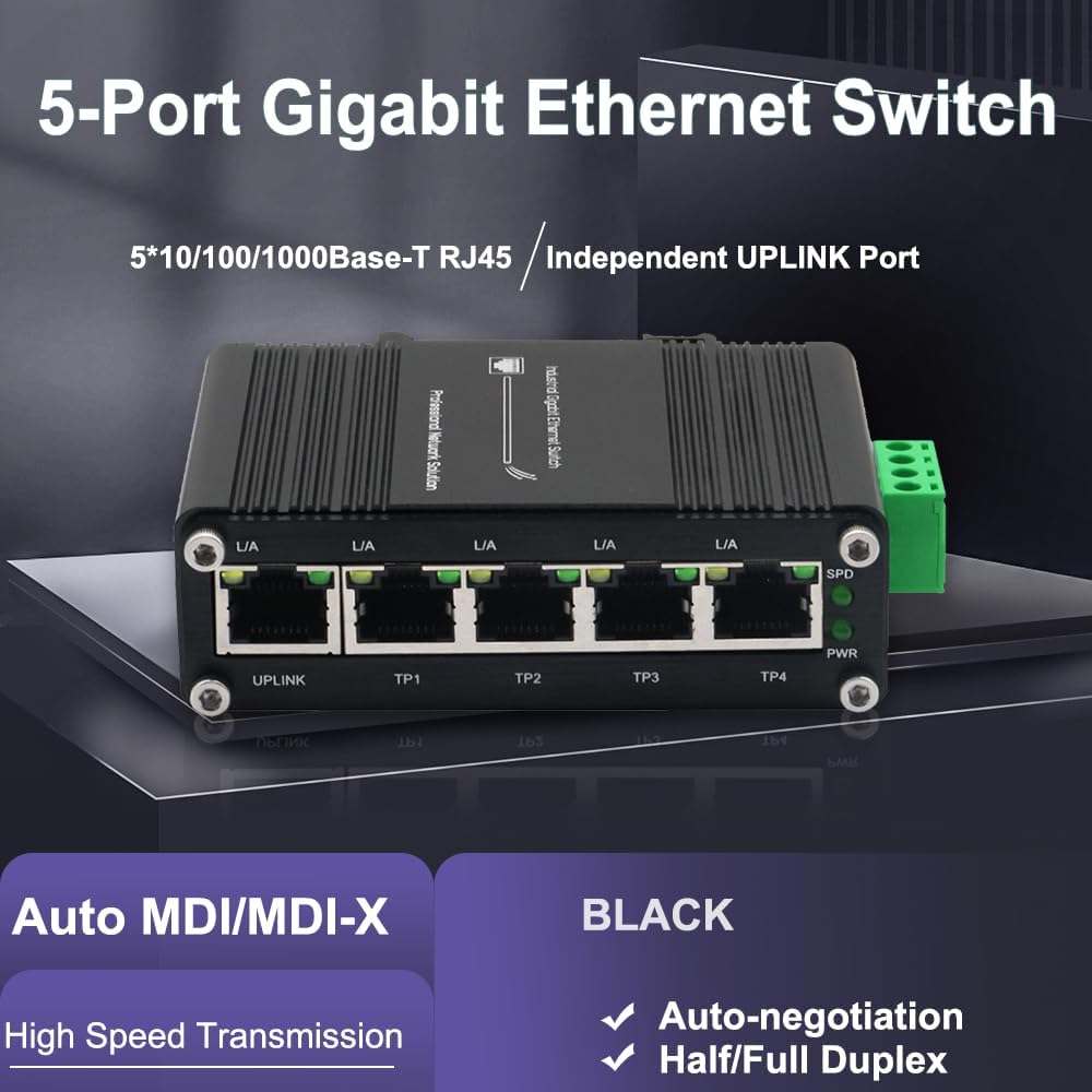 Mini 5-Port Gigabit Ethernet Switch -Industrial Grade Unmanaged Network Switch with 12-48VDC Power Input，Din-Rail or Wall Mount,Plug and Play (-40°F to 176°F) ,Fast Connection,Rugged Metal Case