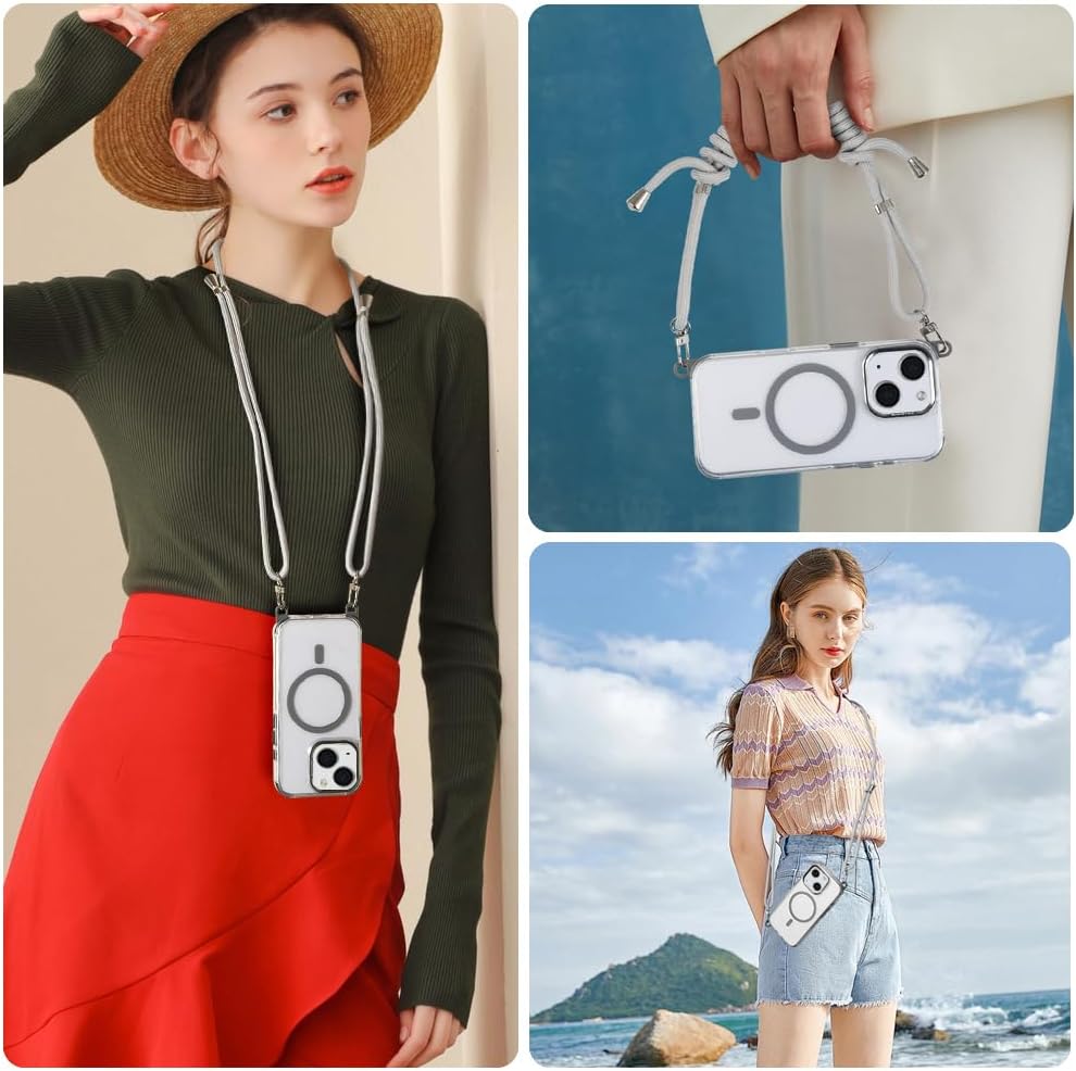 for iPhone 15 Case with 62.99 inch Lanyard, Classic Clear&Gray Magnetic Phone Case, Drop&Shockproof Protection Cases, Phone Lanyard for Around The Neck, Compatible with Magnet Accessory