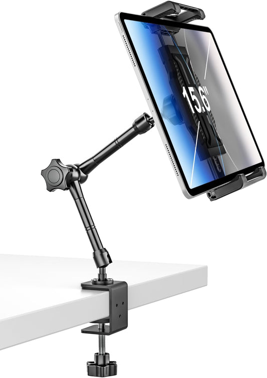 Aluminum Tablet Stand Holder for Desk Mount - [Small Portable] Tablet Holder for Kitchen, Bed Clip with 1.26" Depth Large Clamp for iPad Pro 13 Air Mini, Galaxy, Fire, Switch, iPhone, 6-15.6" Devices