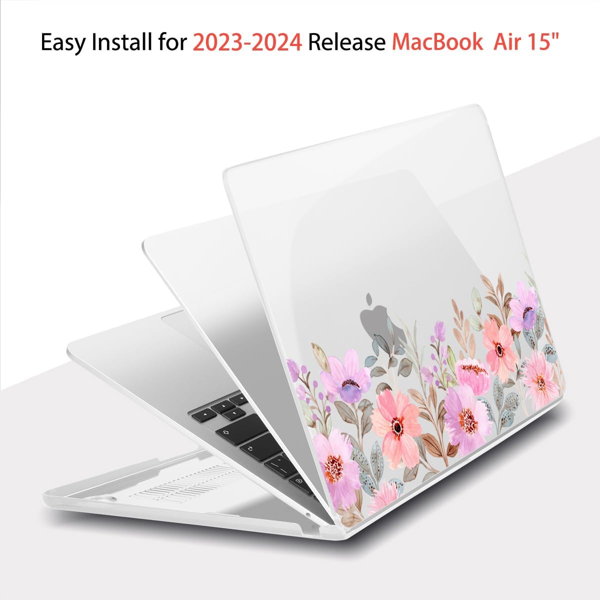 Teryeefi for M4 M3 M2 MacBook Air 15 Inch 2025 2024 2023 Case Model A3241 A3114 A2941 with Liquid Retina Display, Protective Plastic Hard Shell Cover with Keyboard Cover - Pink Flower Garden-A