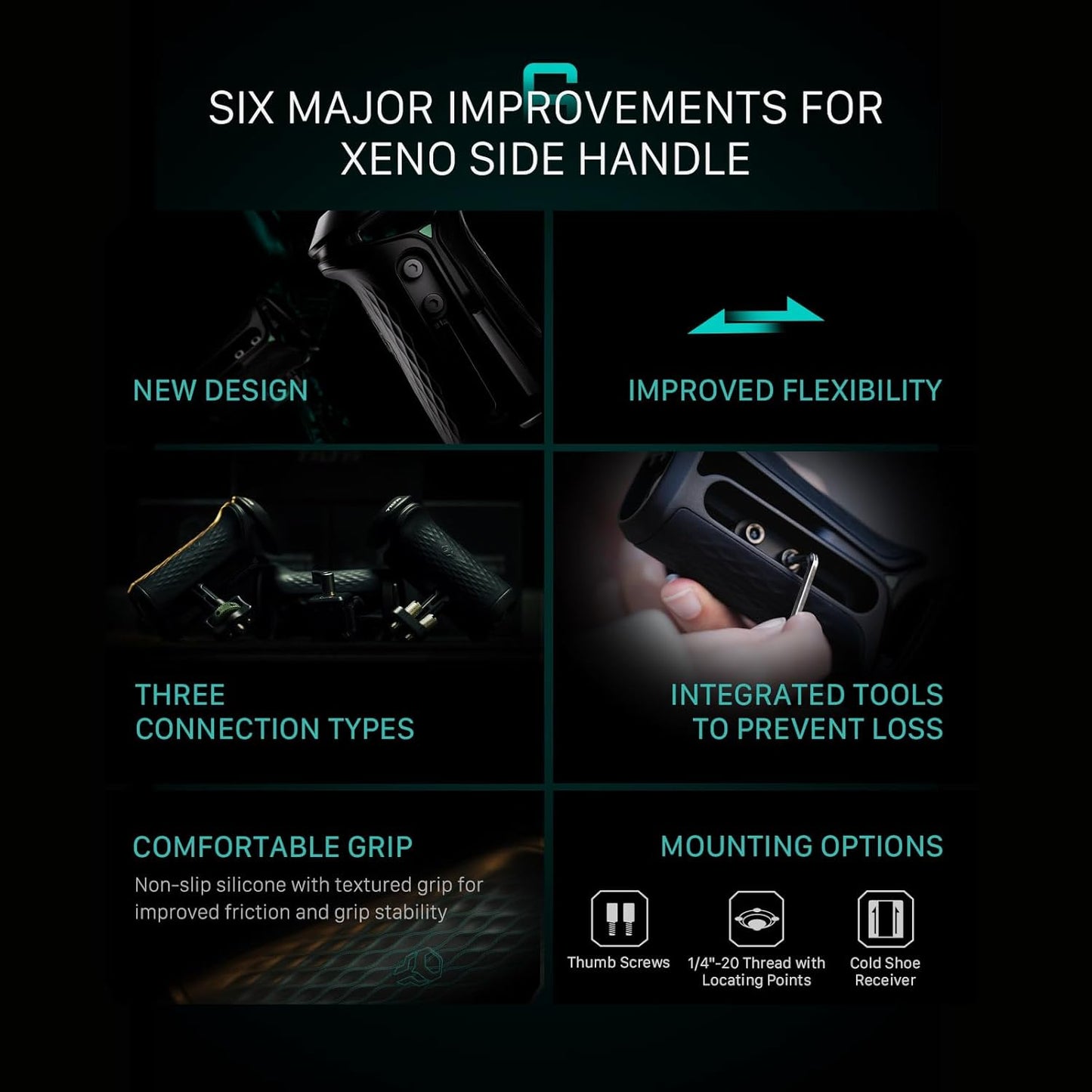 Tilta Xeno Side Handle for Filmmakers & Cameras - Titanium Gray | Secure Connection & Helps Prevent Rotation | Adjustable Height | Textured Silicone Grip | Convenient Assembly (Dual 1/4″-20)