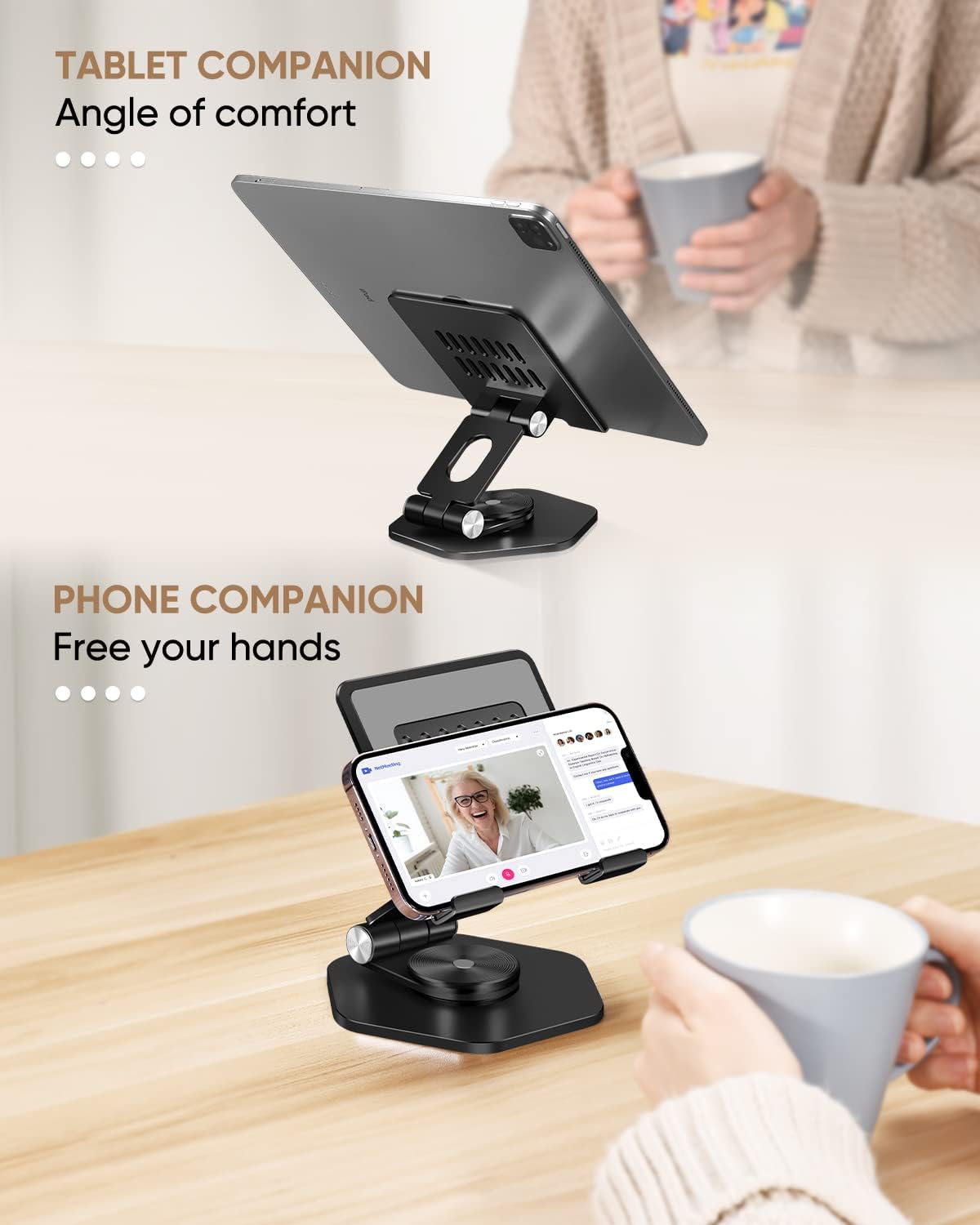 Foldable Aluminum Tablet Stand for Desk, 360° Swivel iPad & Tablet Holder – Portable & Stable Desktop Mount for 5–12.9in Devices, Black