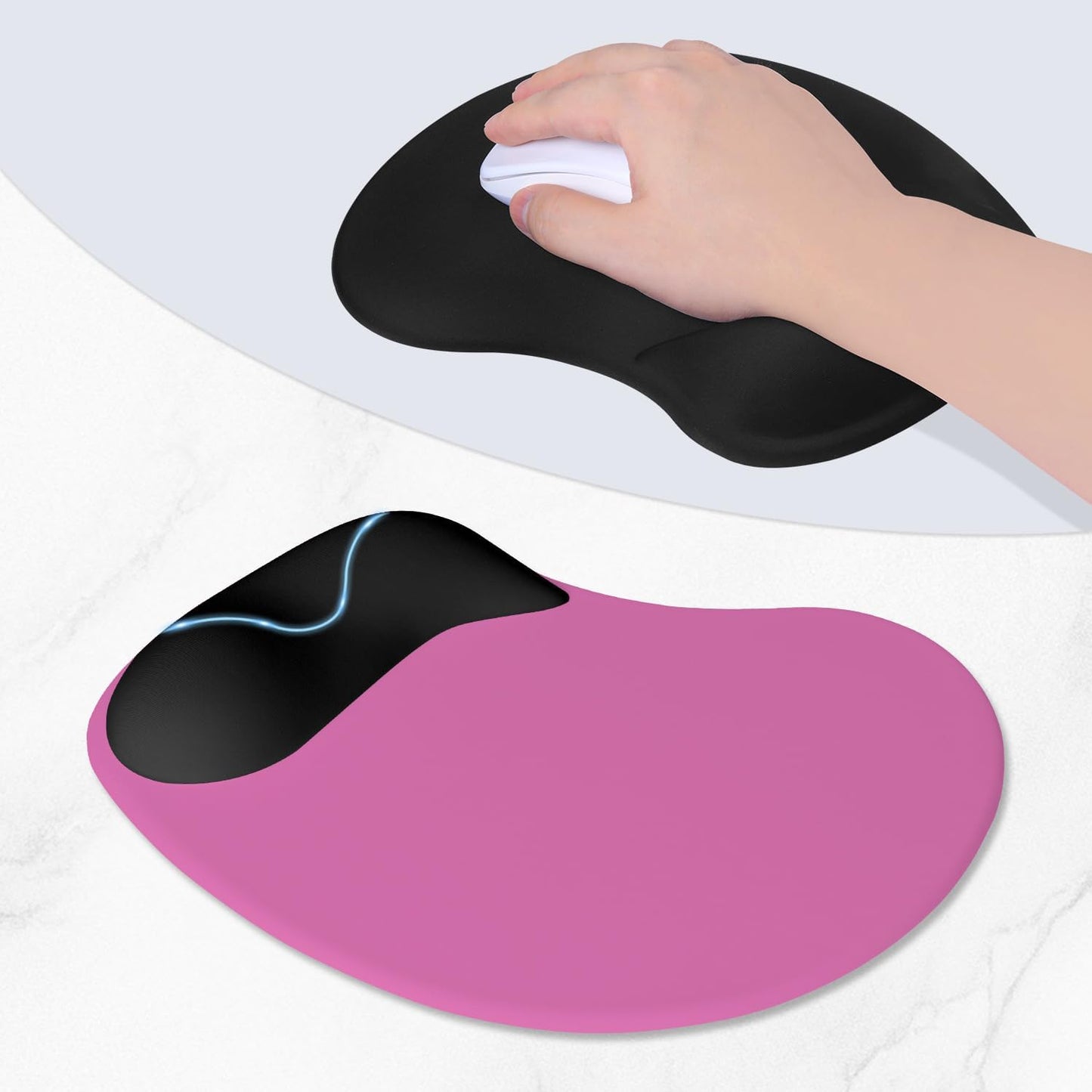 ITNRSIIET Ergonomic Mouse Pad, Cushioned Gel Wrist Rest, Non-Slip Base, Smooth Surface, Cute Multi-Color, 9.5 x 8.2 in, Black-Pink Contrast