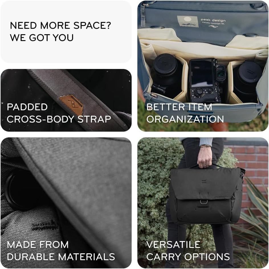 Peak Design Everyday Messenger V3 13L, Kelp, Weatherproof Camera and Work Bag with Laptop Sleeve, Expandable, MagLatch Closure, FlexFold Dividers, Fits 13" Laptop, Messenger Bag for Men and Women