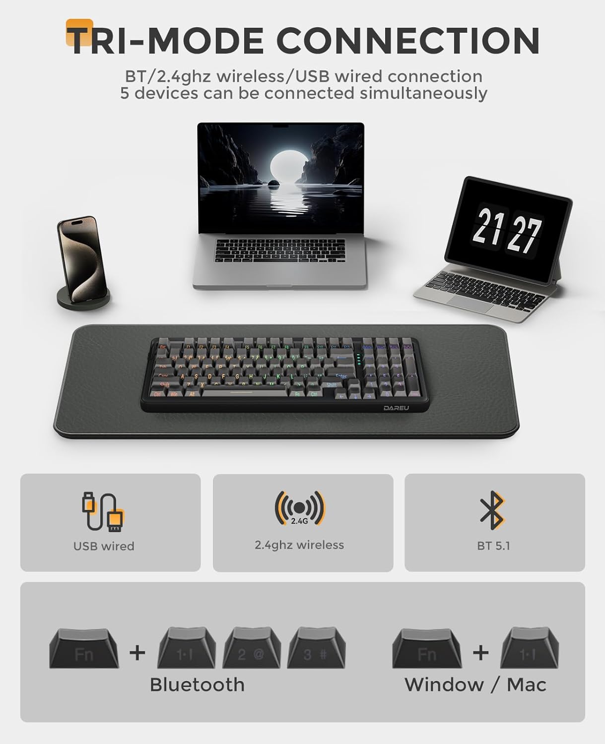 DAREU EK98PRO Wireless Mechanical Keyboard, Gasket Hot Swappable Custom, Pre-lubed Linear Switches, Side Printed PBT Keycaps, BT5.0/2.4GHz/USB-C, RGB Backlit Gaming Keyboard for Win/Mac