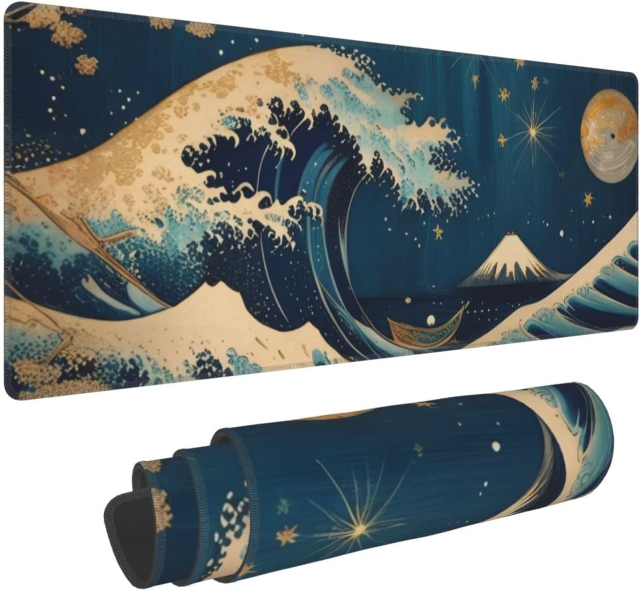 Gaming Mouse Pad, Large Non-Slip Rubber Base Mousepad, Keyboard Mouse Mat, Desk Pad with Stitched Edges, 31.5x11.8inch, Wave Moon