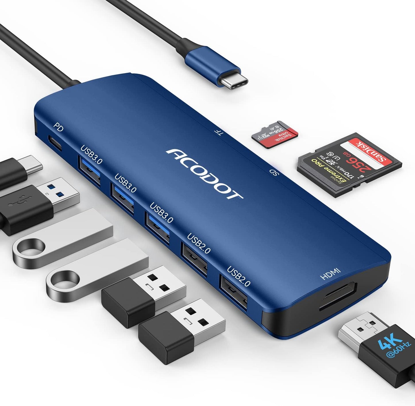 Acodot 9 in 1 USB C to 4K@60HZ HDMI Multiport Adapter, 3 USB 3.0 Ports, SD/TF Card Reader, 100W PD, Designed for MacBook Pro Air HP XPS etc, Blue