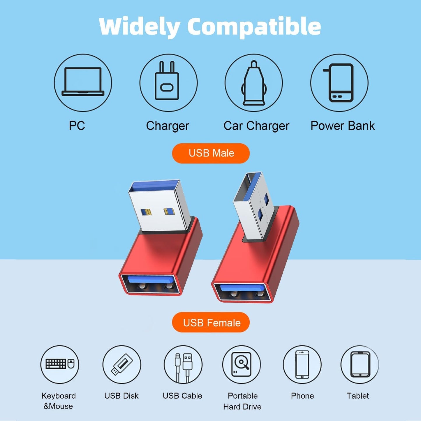 AreMe 90 Degree USB 3.0 Adapter 4 Pack, Up and Down Angle, Left and Right Angle USB A Male to Female Converter Extender for PC, Laptop, USB A Charger, Power Bank and More (Red)