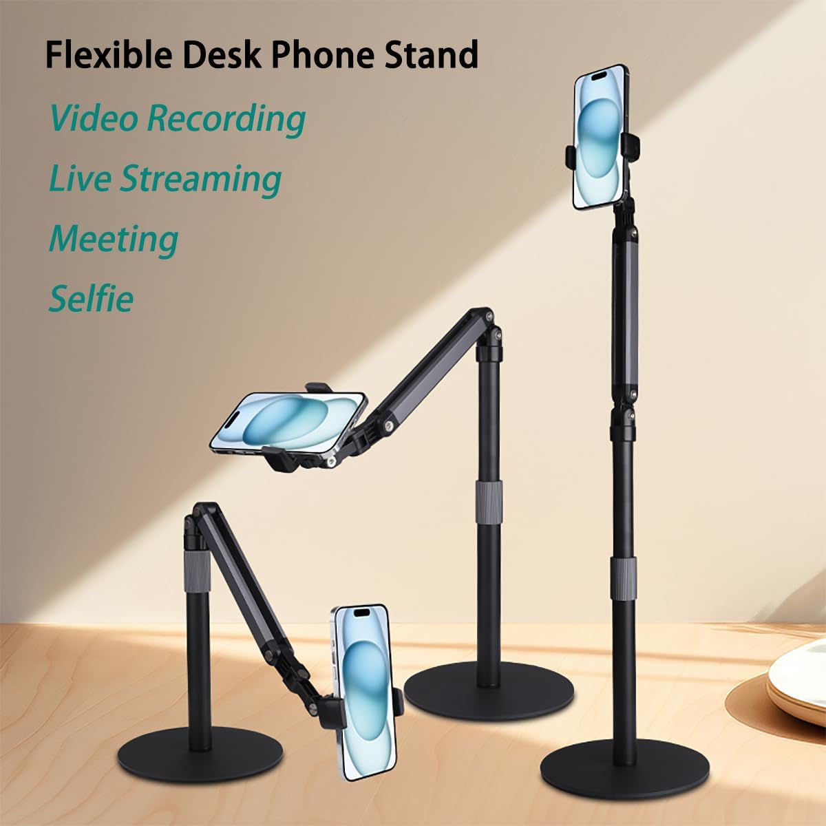 Heavy Duty Overhead Phone Stand for Desk Video Recording for iPhone Holder, with Extension Arm, 360° Swivel, for Filming, Meeting, Cooking, Painting and Crafting