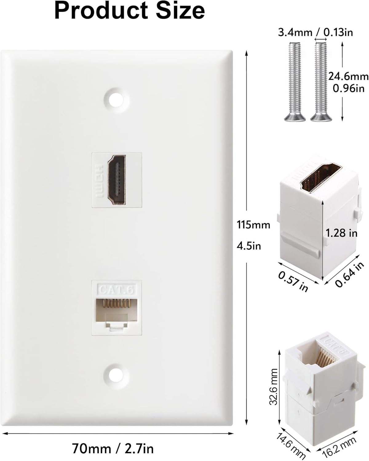 HDMI Ethernet Wall Plate - 1 Port 4K HDMI Keystone to Female, 1 Port CAT6 Keystone to Female - White