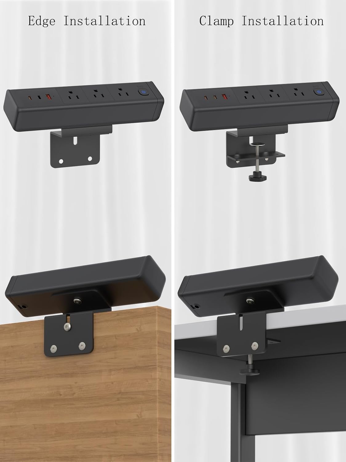 Desk Clamp Power Strip with 65W USB-C&USB A Ports 3 AC Outlet, Nightstand Edge Mount Charging Station Power Strip with USB-C Ports Tabletop Surge Protector for Home Office, Dorm Room(Black)