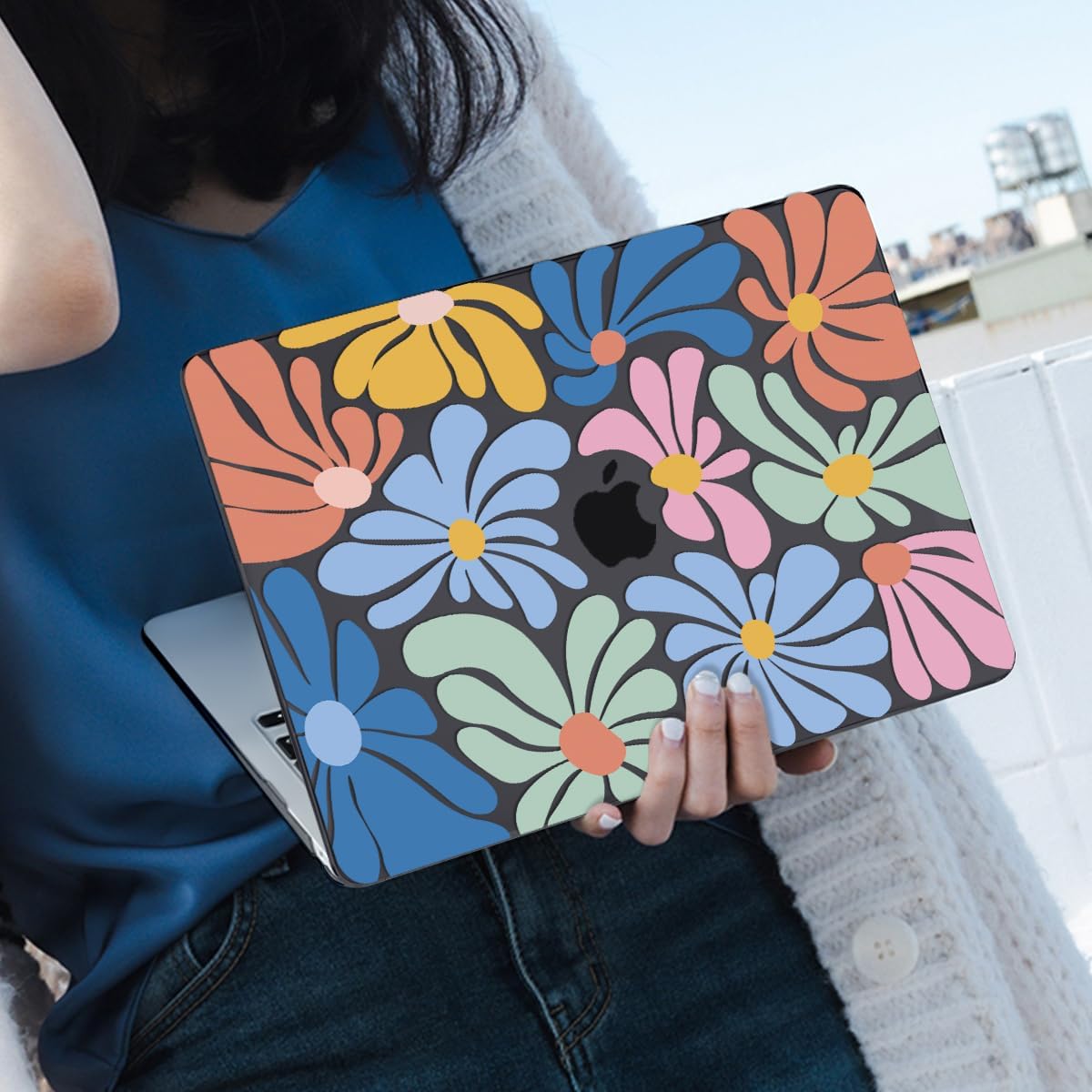 Compatible with 2021 2020 2019 2018 MacBook Air 13 inch Case M1 A2337 A2179 A1932 Touch ID, Crystal Printed Pattern Plastic Hard Shell Case for Mac Air 13 M1 2021, Colorful Flowers Black