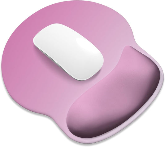 ITNRSIIET Ergonomic Mouse Pad with Wider Memory Foam Wrist Rest +17%, Curved Cushion Reduces Pressure 20%, Pain Relief, Non-Slip, Smooth, Cute Color Desk Accessory, 9.85 x 9 inch, Soft Pink Gradient
