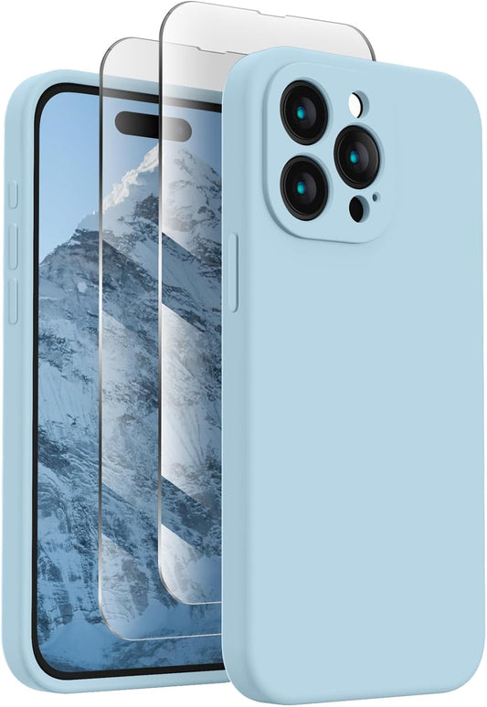 FireNova Designed for iPhone 15 Pro Case, Silicone Upgraded [Camera Protection] Phone Case with [2 Screen Protectors], Soft Anti-Scratch Microfiber Lining Inside, 6.1 inch, Sky Blue