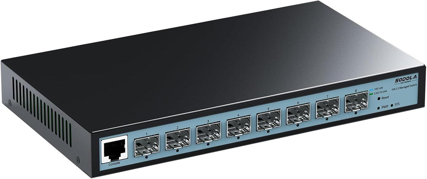 SODOLA 8 Port 10G L3 Managed Switch, 8X10G SFP+ Interface, Link Aggregation/QoS/VLAN/IGMP, Wall Mounted Fanless 10Gb SFP Network Switch（SFPPorts Only,Transceiver is NOT Included
