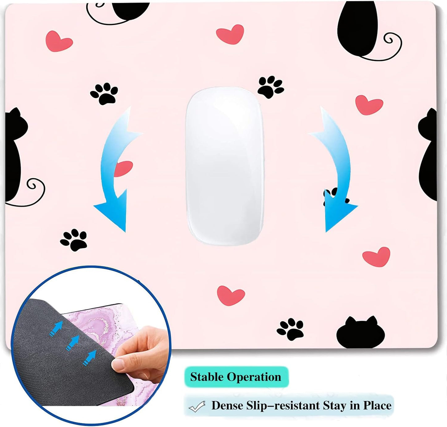 Cute Heart Cartoon Black Cat Paw Custom Mouse Pad with Non-Slip Rubber, Small Square Design for Wireless Laptop & Computer Mouse Pads for Desk, 9.5 x 7.9 inch Smooth Surface for Gaming & Office