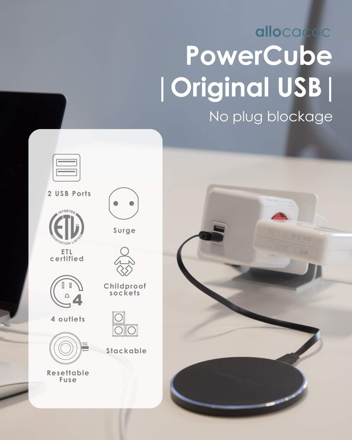 Allocacoc PowerCube Original USB; 4 Outlets Surge Protector 2 USBs Cubic Multi Socket Extender Power Tab Space Saving Compact No Blockage Dorm Home Office125V 15A 1875W Max Grey