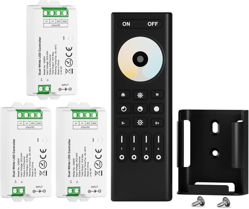 BTF-LIGHTING RF 2.4GHz Wireless Remote RC02RFB &3PCS C02RF Tuya Controller Kit 4 Zone Group Control PWM CCT(+ CW WW) 3pin 5050SMD FCOB COB Dual White LED Strip DC5V DC12V DC24V
