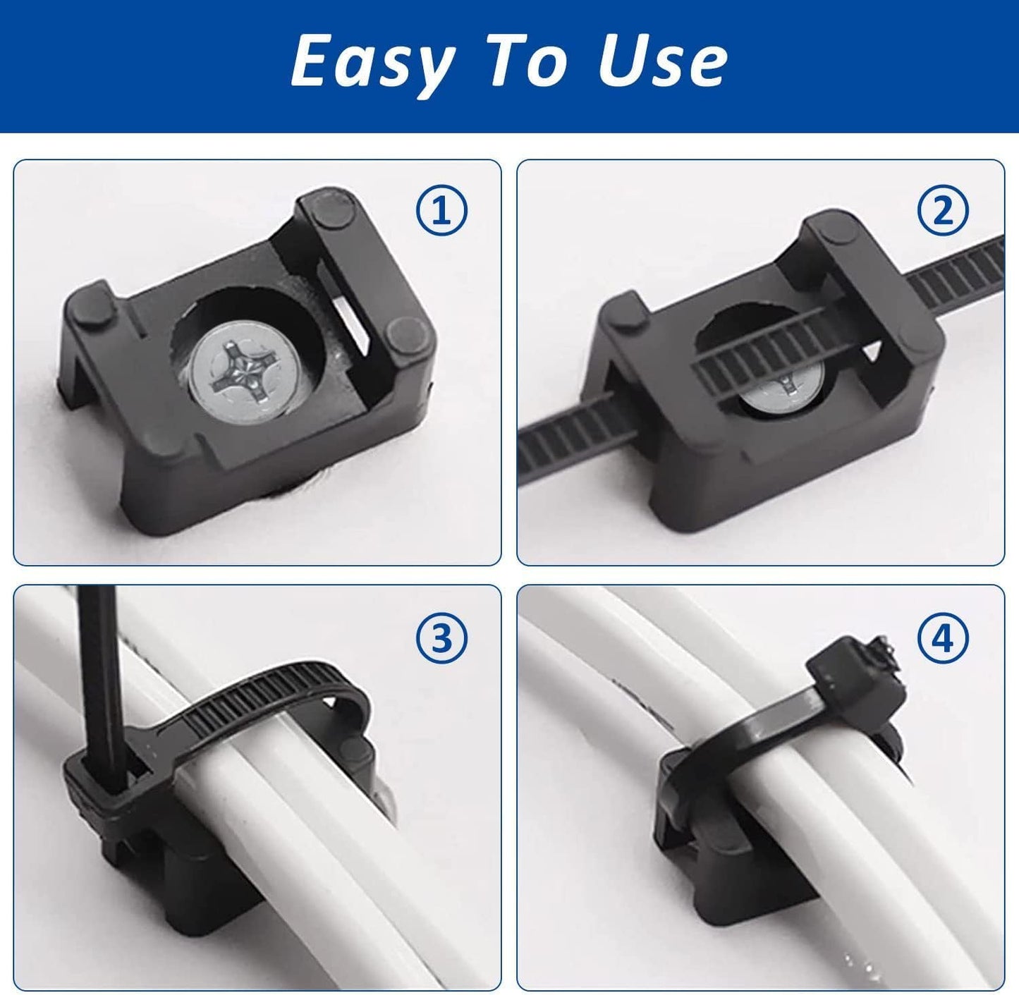 Cable Zip Tie Mounts Kit - 120 Set Wire Cable Clips Organizer Holders with 8" Cable Ties, Saddle Type Mounts Base and Tapping Screw, White