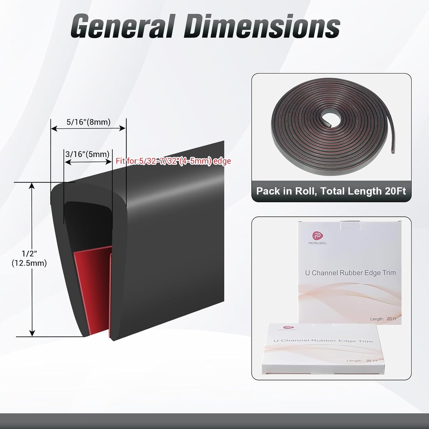 Edge Trim, 3/16" Rubber Edge Trim, Flexible Self Adhesive U Channel Edge Protector for Glass, Mirror, Plywood, Steel Panel Sharp Edges, Peel and Stick Plastic Trim, Black Color, 20Ft