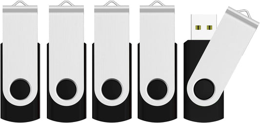 JUANWE 128GB USB Flash Drive 5 Packs, Thumb Drives Foldable 360° Swivel Shell & Lanyard Hold for Memory Storage Expand, USB Sticks Pen Drive Zip Drive for PC/Tablet/Car Data Transfer - Black