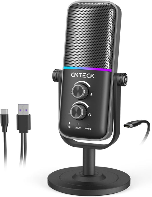 CMTECK USB Microphone for PC, PS4/PS5, Laptop – Computer Microphone with RGB Lighting, Mute Button, Mic Gain, Plug & Play, 3 Sound Modes for Streaming, Podcasting, Recording