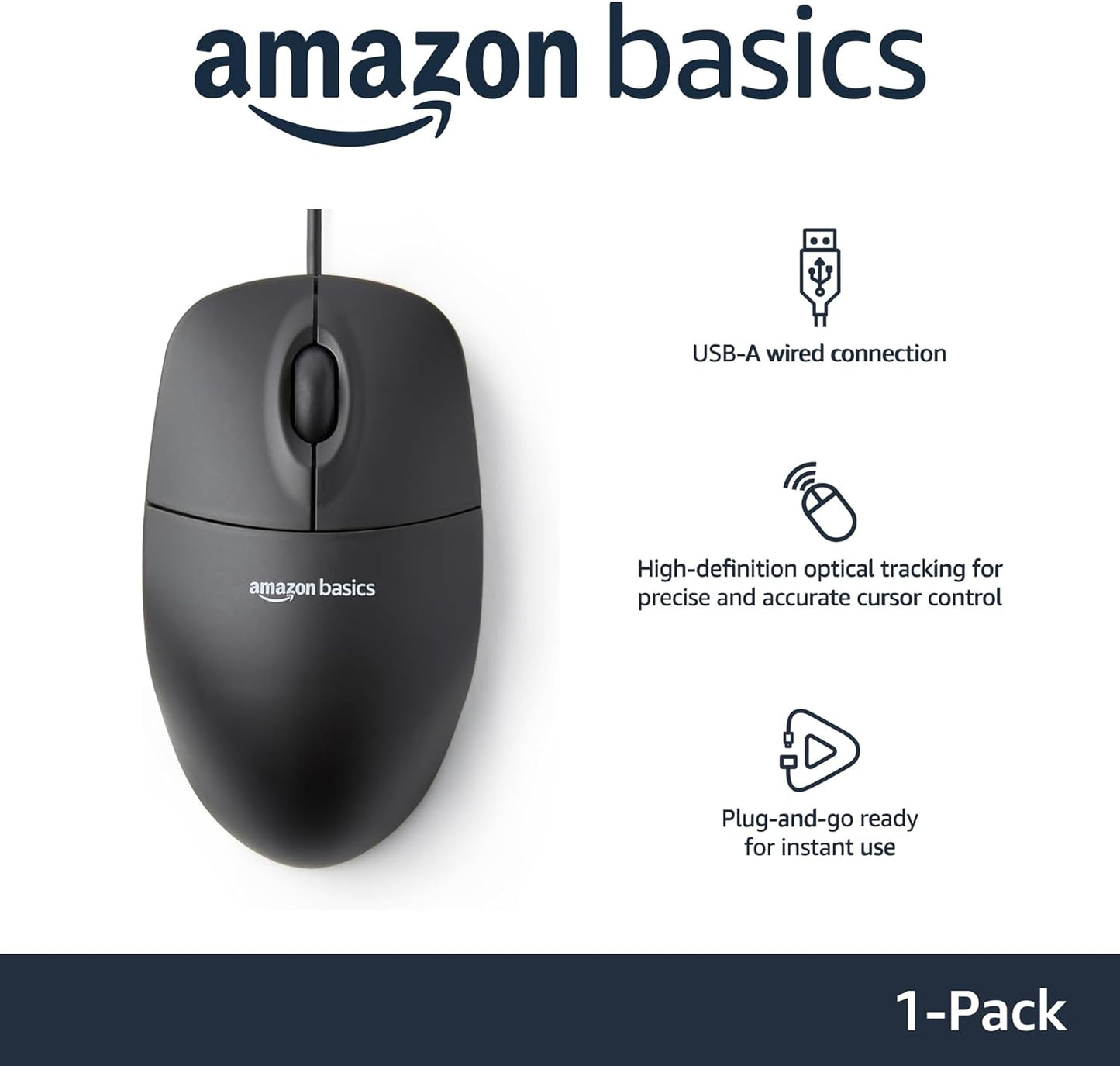 Amazon Basics 3-Button USB Wired Mouse with Scrolling and Tracking - Standard, Black
