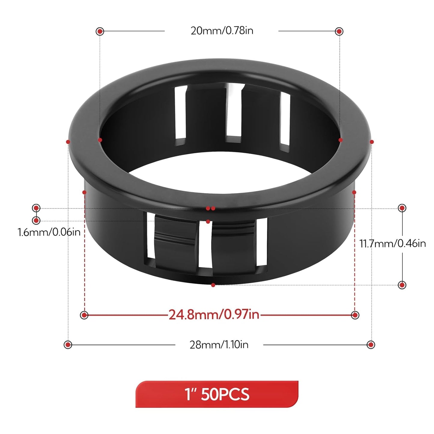 50PCS 1" Black Cable Snap Bushing Grommet, Snap in Cord Bushing Protect Cables