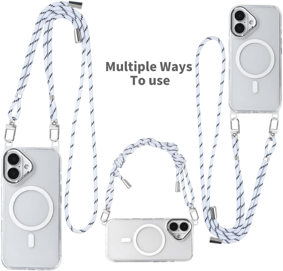 for iPhone 16 Case with 62.99 inch Lanyard, Classic Clear&White Magnetic Phone Case, Drop&Shockproof Protection Cases, Phone Lanyard for Around The Neck, Compatible with Magnet Accessory