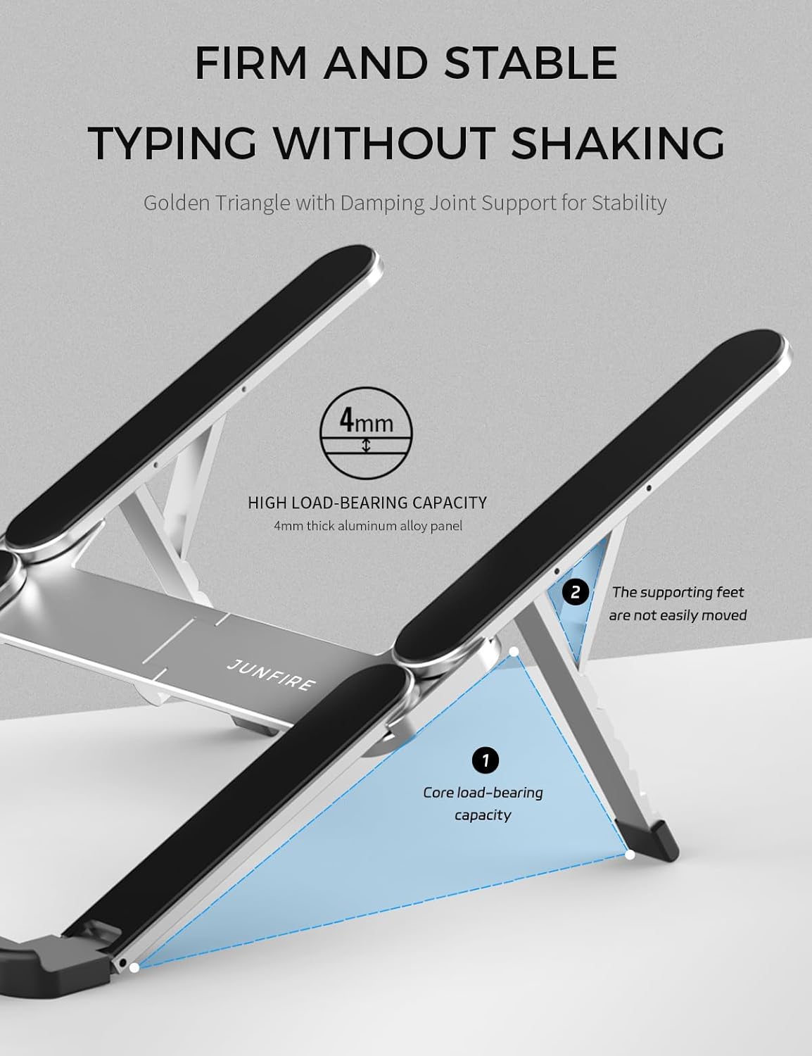 Junfire Foldable Laptop Stand for Travel, Aluminum Stable Ergonomic Laptop Riser with 6-Levels Height Adjustment, Fits with MacBook Air, MacBook Pro, iPad, HP, Dell, Lenovo (Up to 15.6'')-Sliver