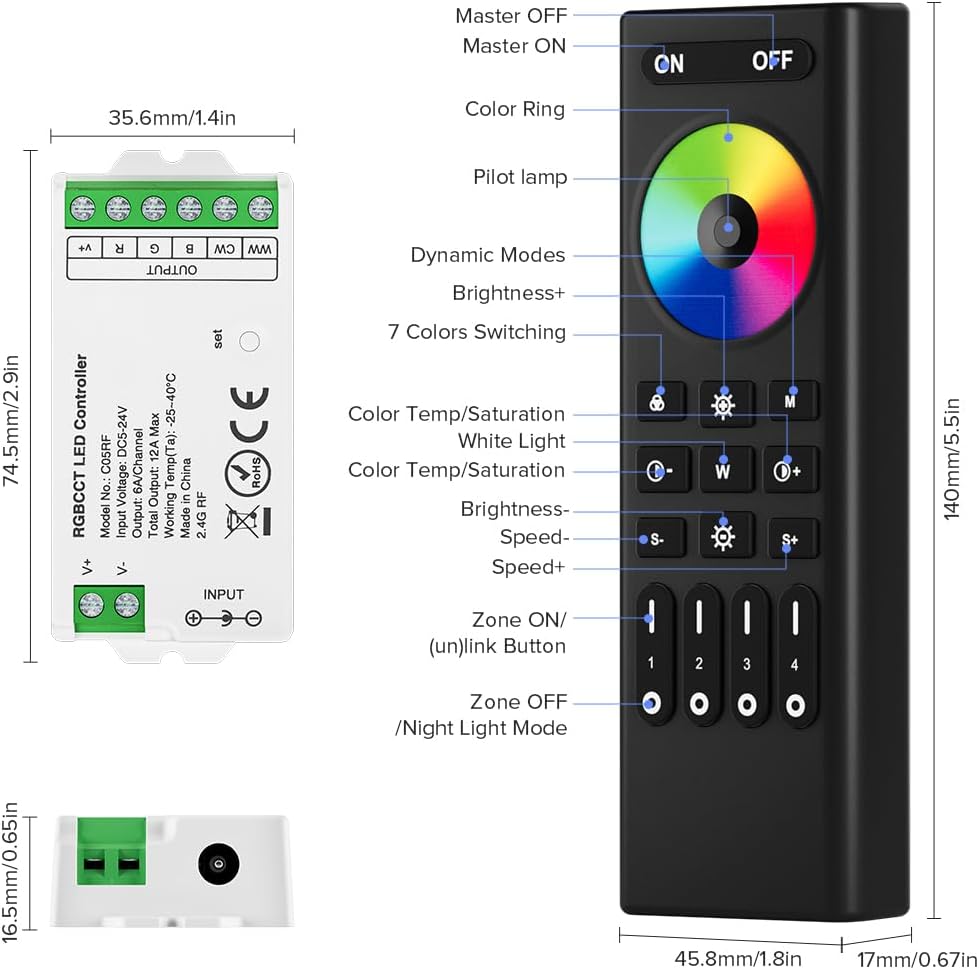 BTF-LIGHTING 5050SMD FCOB COB RGBCCT RF 2.4GHz Wireless Remote RC03RFB &3PCS C05RF Tuya Controller Kit 4 Zones Group Control PWM RGBWW (+ R G B C W) 6pin LED Strip DC5V DC12V DC24V
