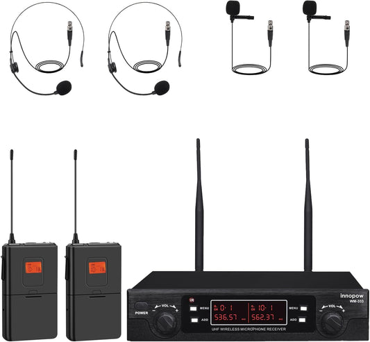 200-Channel Wireless Microphone, Wireless Lavalier Microphone Dual UHF Bodypack Cordless Lavalier Mic System Set