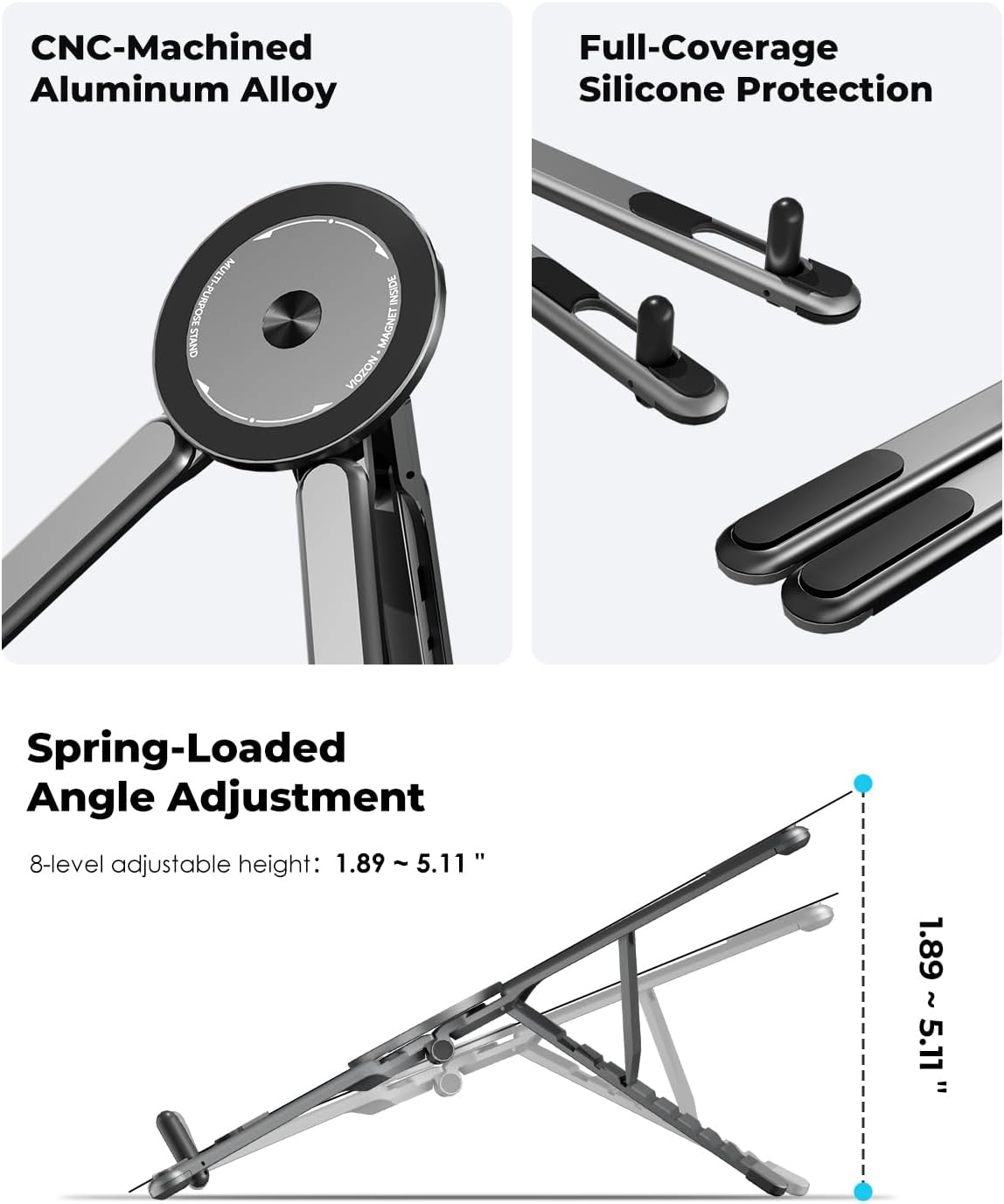Viozon Portable Laptop Stand for Desk & Travel, Magnetic Phone Holder Tripod, Compatible with 10–16" Laptops and 4–13" Phones/Tablets, Compact Foldable Aluminum Alloy, 8-Level Height Adjustment