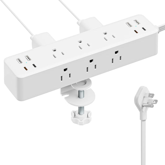 Flat Plug Desk Clamp Power Strip 10FT, 24W Total Charging Station, Desk Edge Mount Power Strip 9 AC Outlets 8 USB Ports Surge Protector, Fit 1.7" Tabletop Edge, Home Office Accessories, White