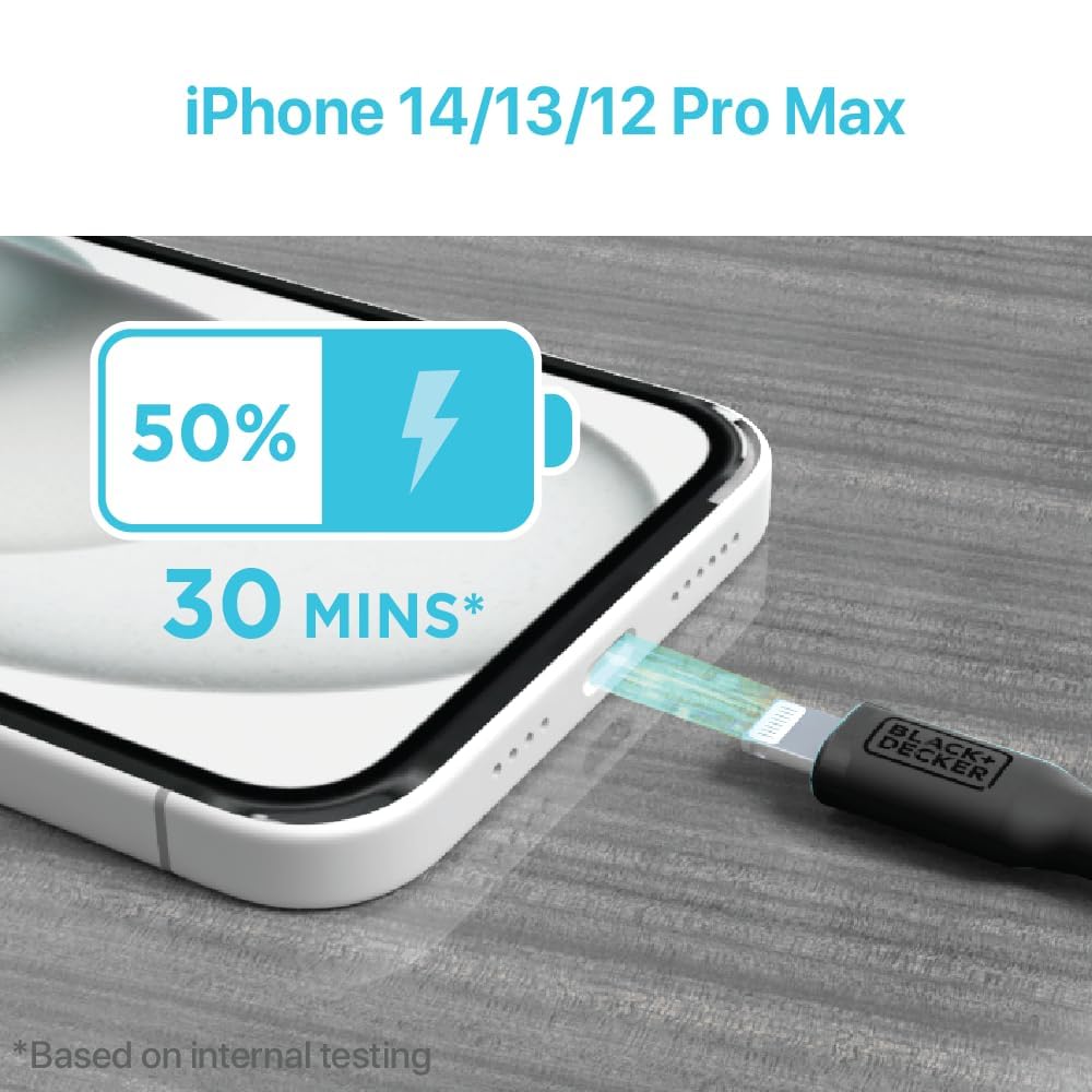 BLACK+DECKER Lightning to USB Cable - Fast Compatible iPhone Lightning Cable - Durable Braided iPhone Charger Cord - for Travel and Daily Use - Multiple Color + Length Options - 3ft