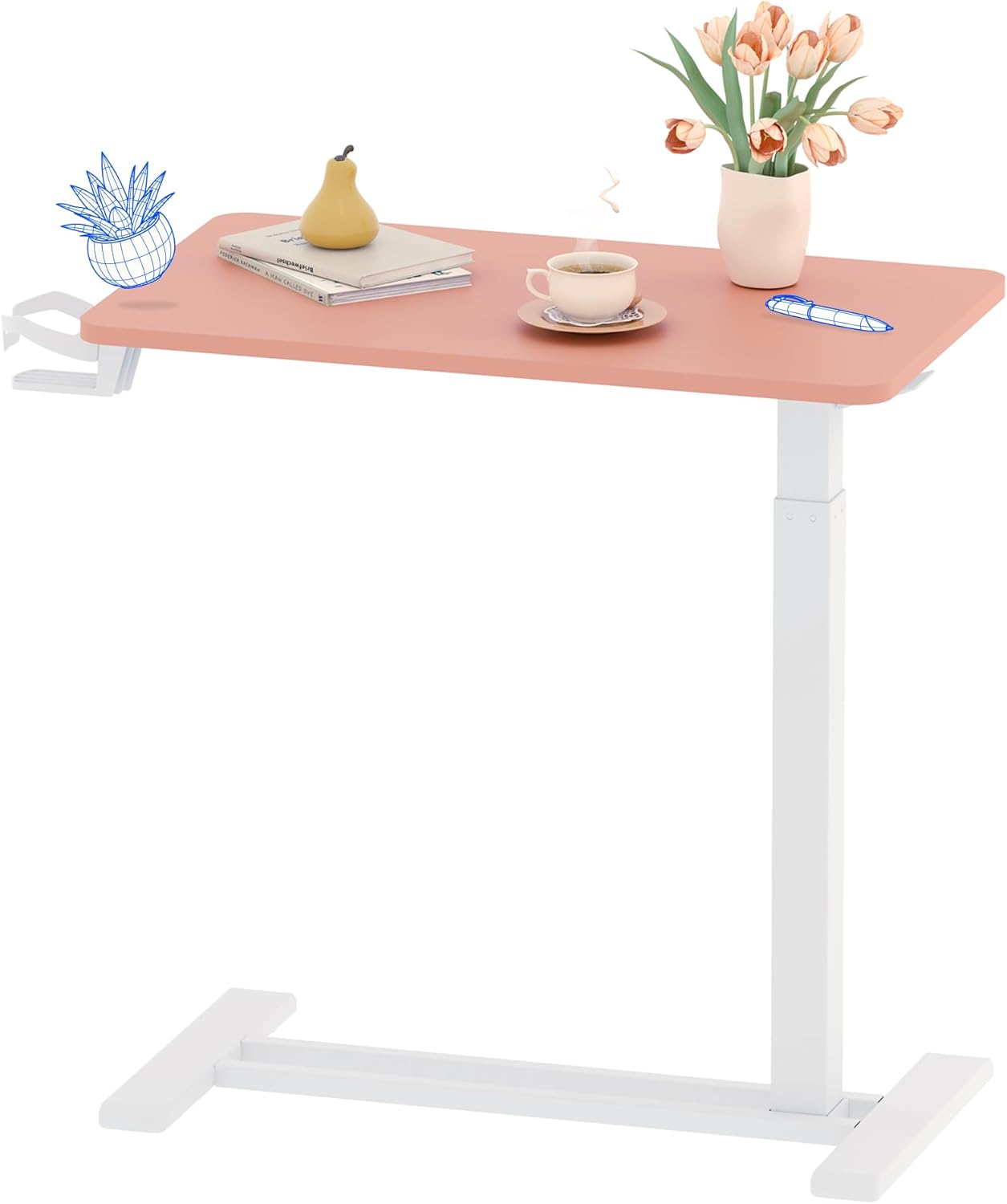 FLEXISPOT H7 Adjustable Overbed Bedside Table with Wheels Pneumatic Mobile Standing Desk Laptop Desk Rolling Computer Cart Movable Overbed Table Hospital Home Use(27.6" W x 15.7" D, Pink)