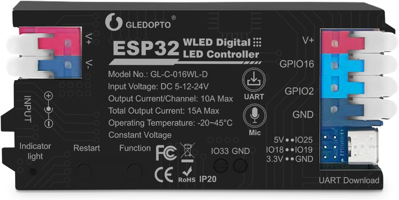 ESP32 WLED LED Strip Light Controller 15A Fuse Link Built in Mic UART Type-C Energy Saving Relay App Control Wago Wiring for RGB IC Addressable Digital WS2811 WS2812 SK6812 TM1814 WS2813 WS2815 etc