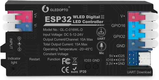 ESP32 WLED LED Strip Light Controller 15A Fuse Link Built in Mic UART Type-C Energy Saving Relay App Control Wago Wiring for RGB IC Addressable Digital WS2811 WS2812 SK6812 TM1814 WS2813 WS2815 etc