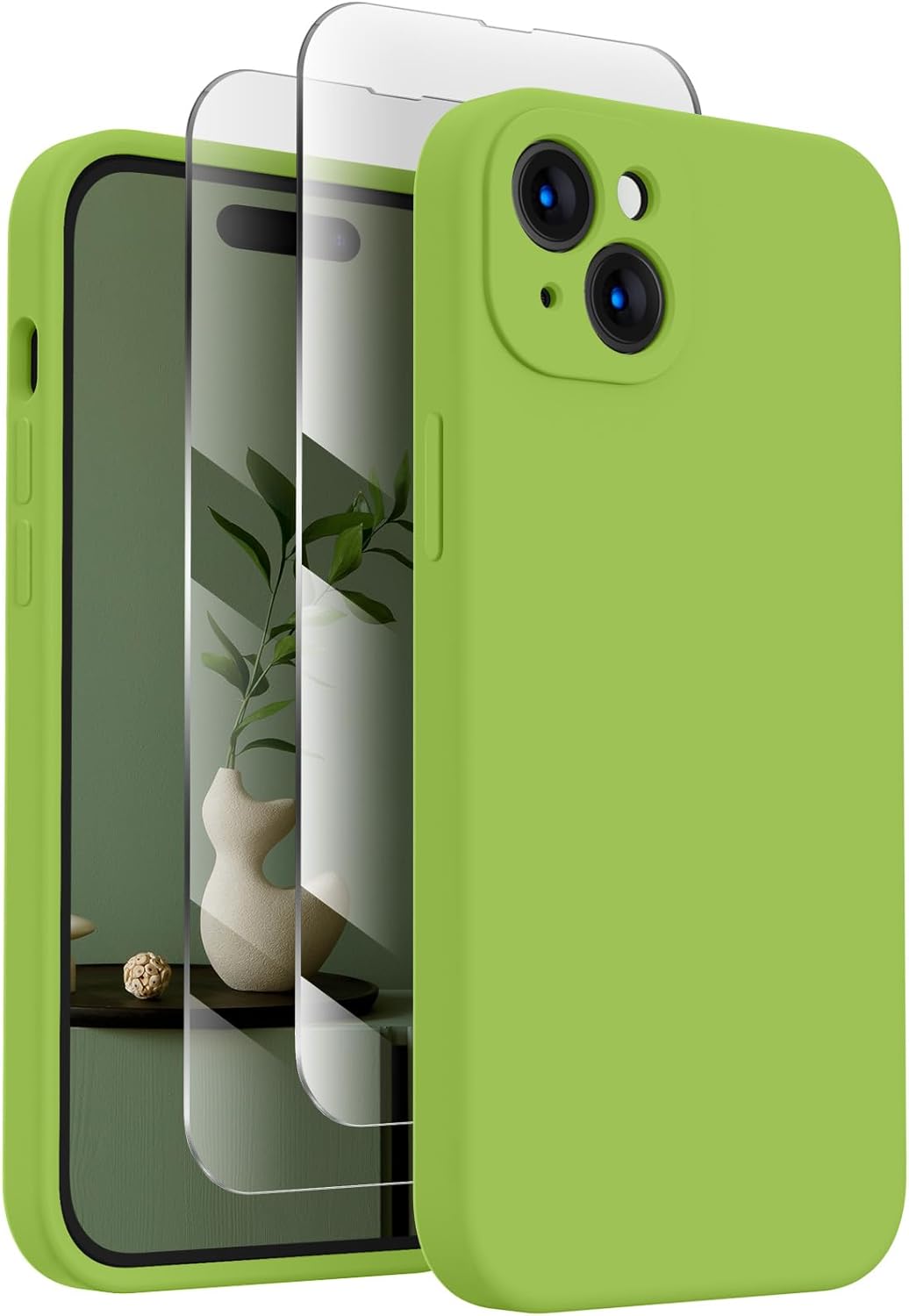 FireNova Designed for iPhone 15 Case, Silicone Upgraded [Camera Protection] Phone Case with [2 Screen Protectors], Soft Anti-Scratch Microfiber Lining Inside, 6.1 inch, Sprout Green