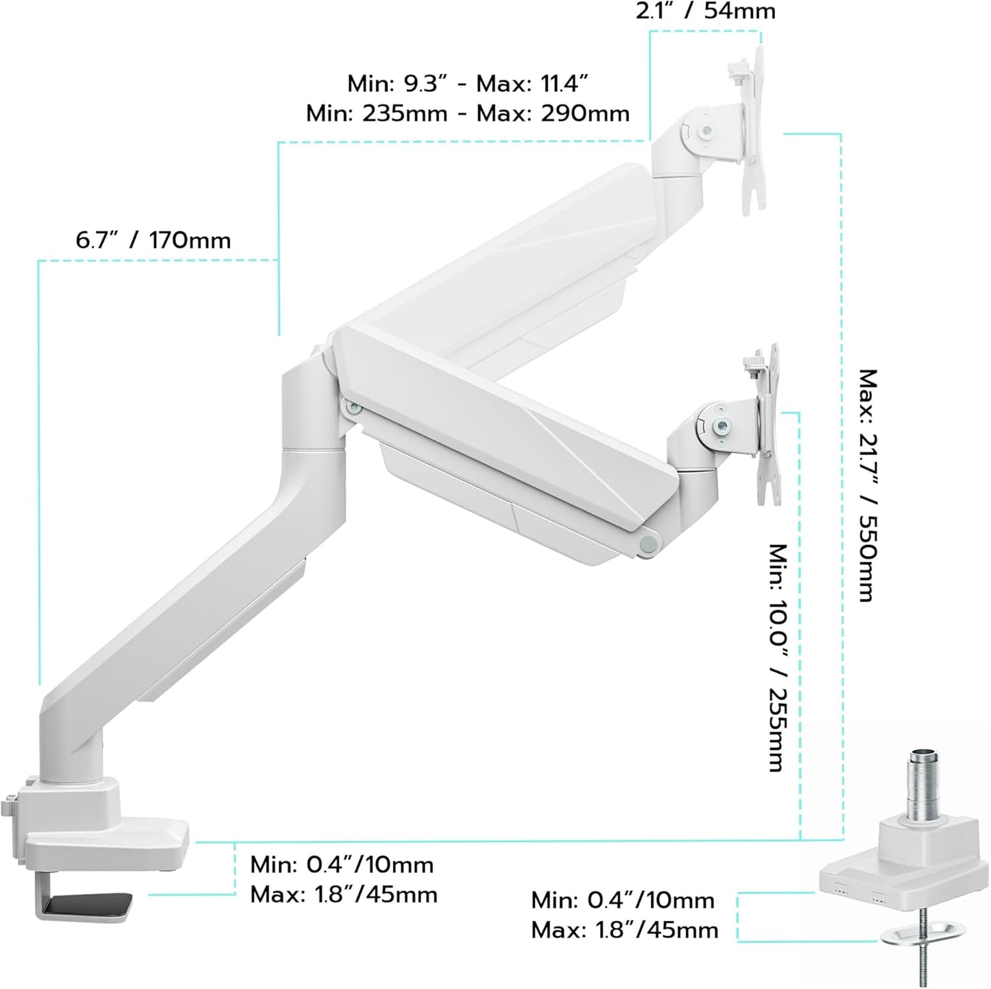 ARES WING Ultrawide Single Monitor Arm, Heavy Duty Monitor Mount for 13"-45" Curved Screens, Adjustable Stand for Desk with C-clamp & Grommet Base up to 40 LBS, White