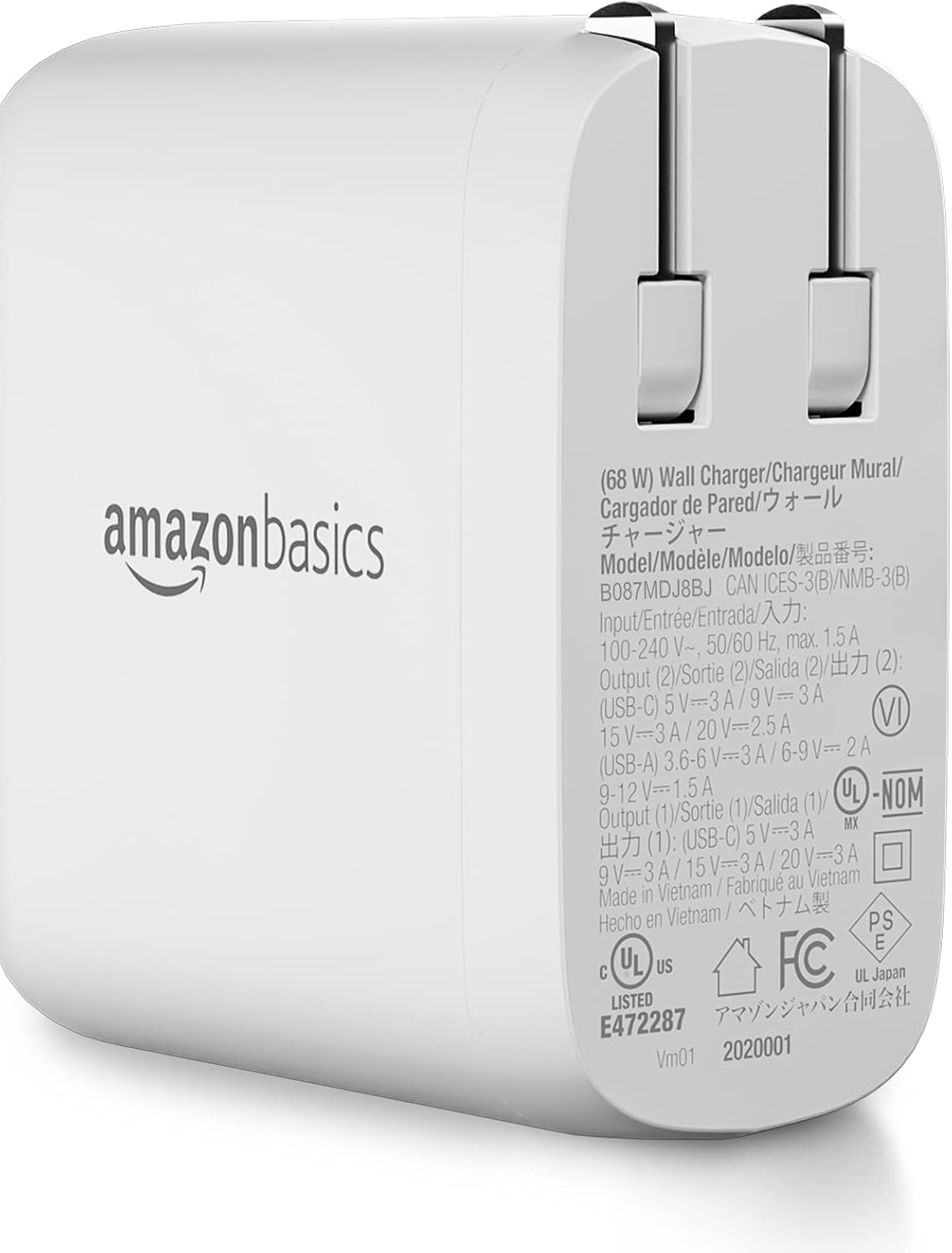 Amazon Basics 68W Two-Port GaN Wall Charger with 1 USB-C (60W) & 1 USB-A Ports (18W) with PD for Laptops, Tablets & Phones (iPhone 16/15/14/13/12/11/X, iPad, MacPro, Samsung, and more), Non-PPS, White