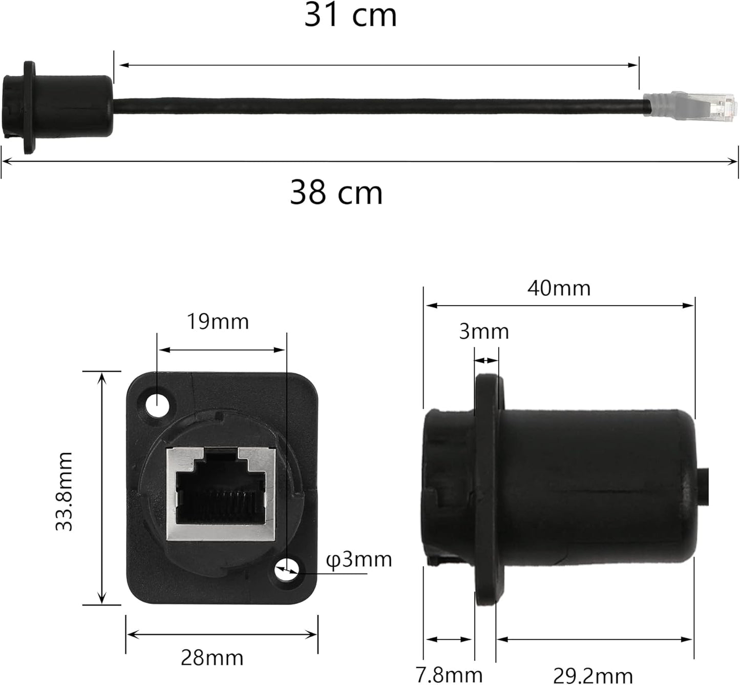 CERRXIAN 35cm RJ45 Male to Female Cat5 5e 6 Waterproof Panel Mount LAN Network Ethernet Extension Cable with Cap