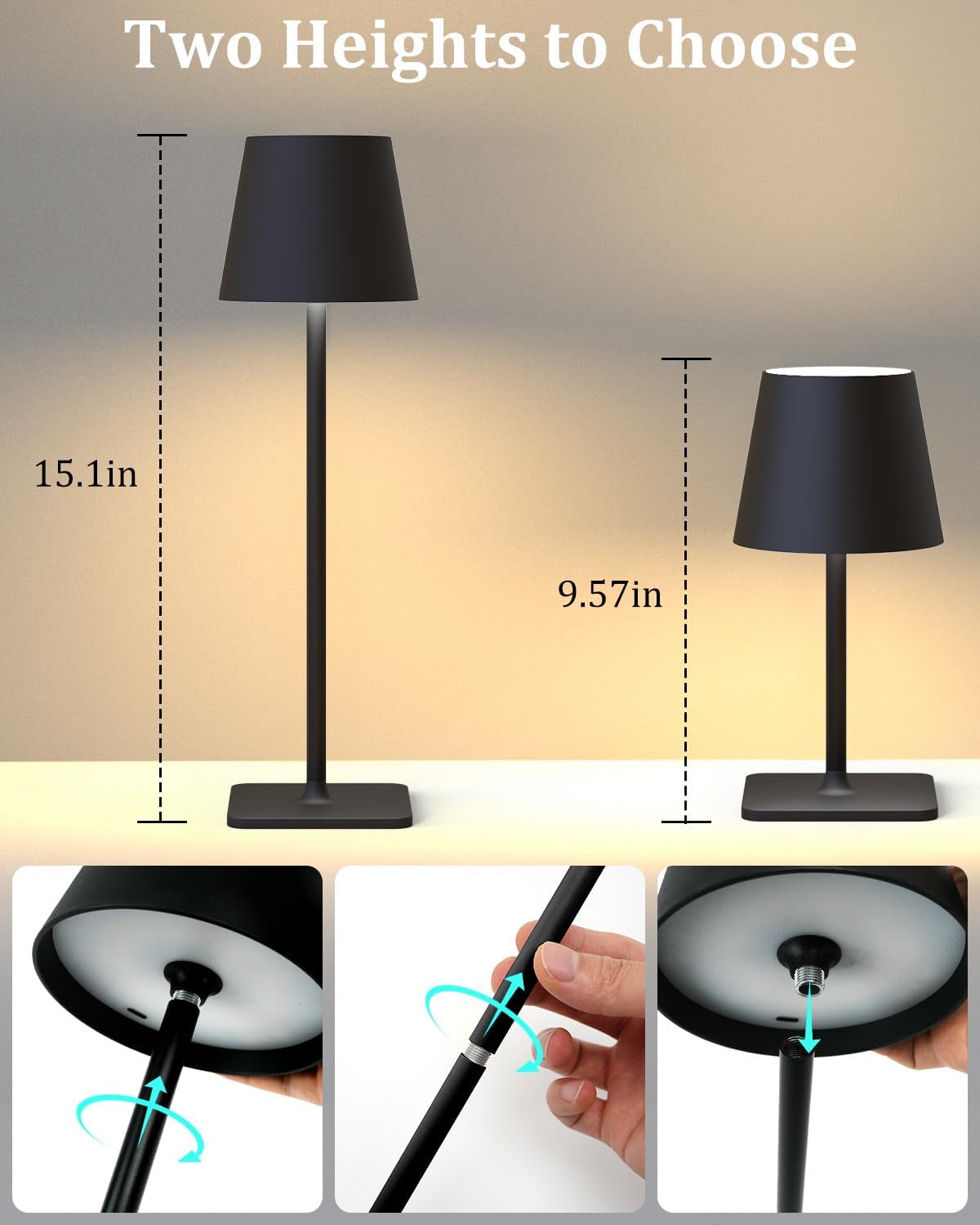 Cordless Table Lamp Rechargeable Lamps: 6000mAh Battery Operated Table Lamp Outdoor Waterproof, Touch Control, Portable Wireless Desk Lamp for Dinner/Bedroom/Restaurant(Black 2 Pack)